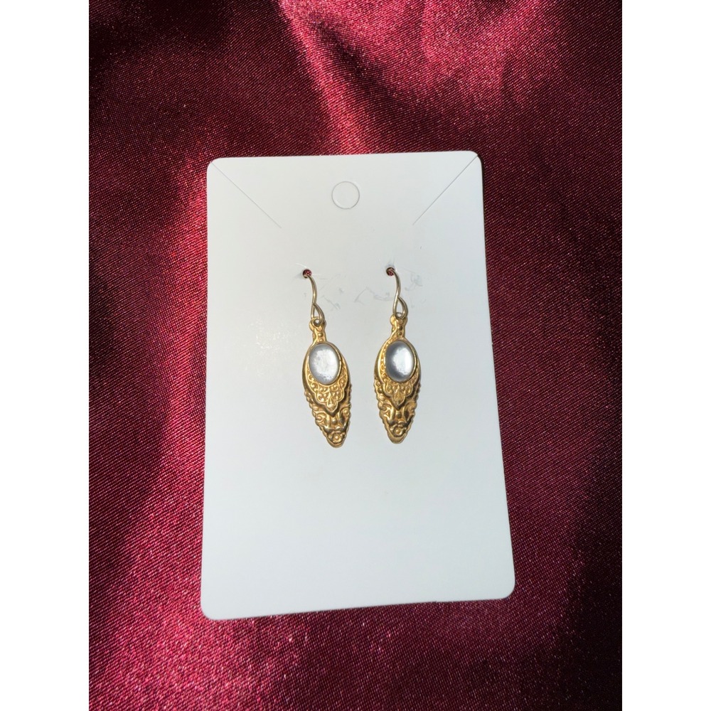 Vintage Gold Tone Filigree Drop Earrings Faux Moonstone Cabochon Dangle Earrings